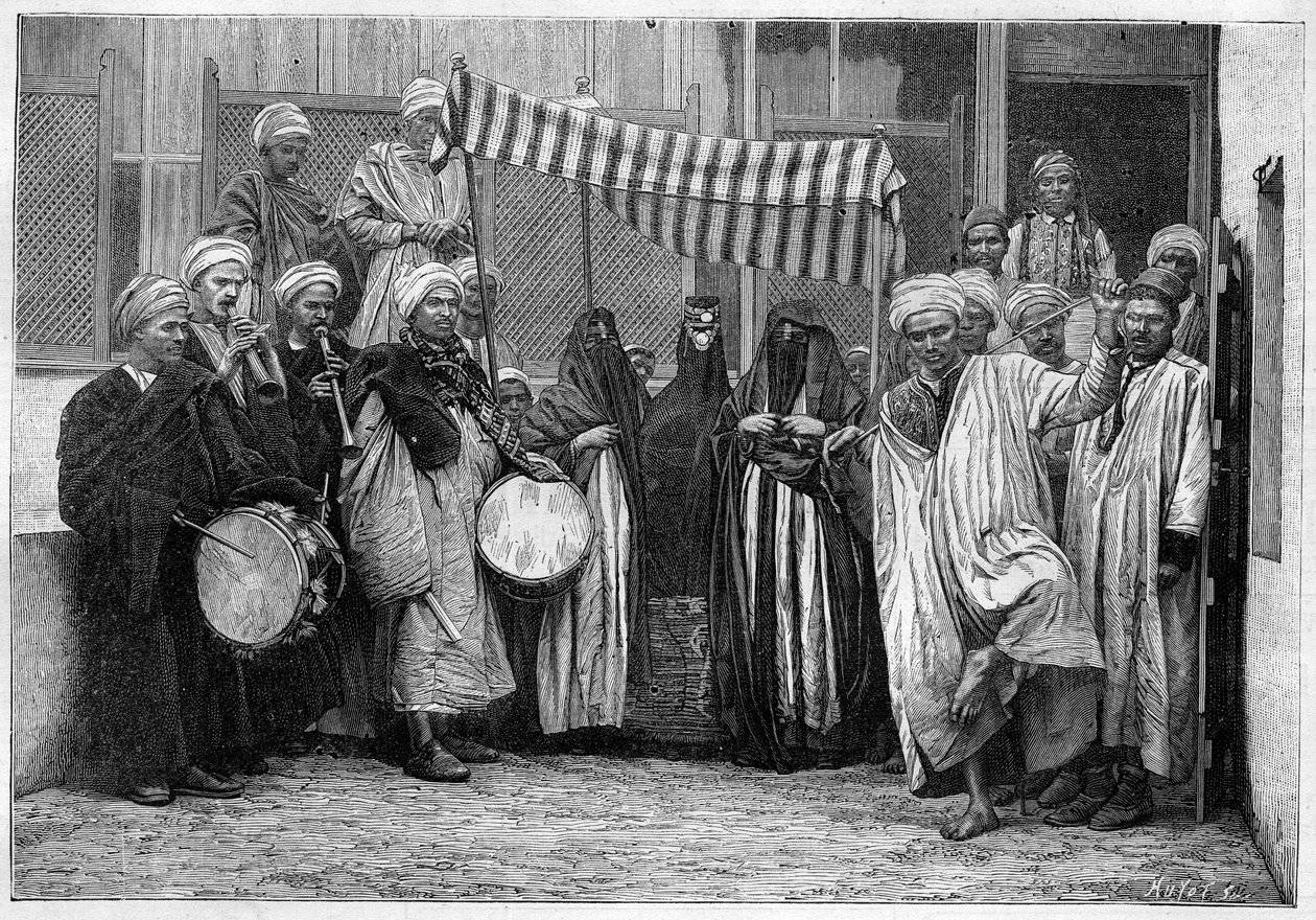 Arabský zvyk v Egyptě: Svatební průvod v Káhiře. Gravírování v „“Le Monde Illustré““ od Unknown artist