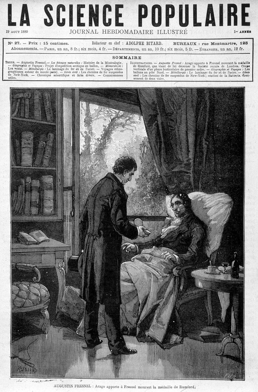 Arago přináší umírajícímu Augustinu Fresnelovi medaili Benjamina Thompsona hraběte z Rumfordu – v “” Popular Science”” z 19.8.1880 od Unknown artist