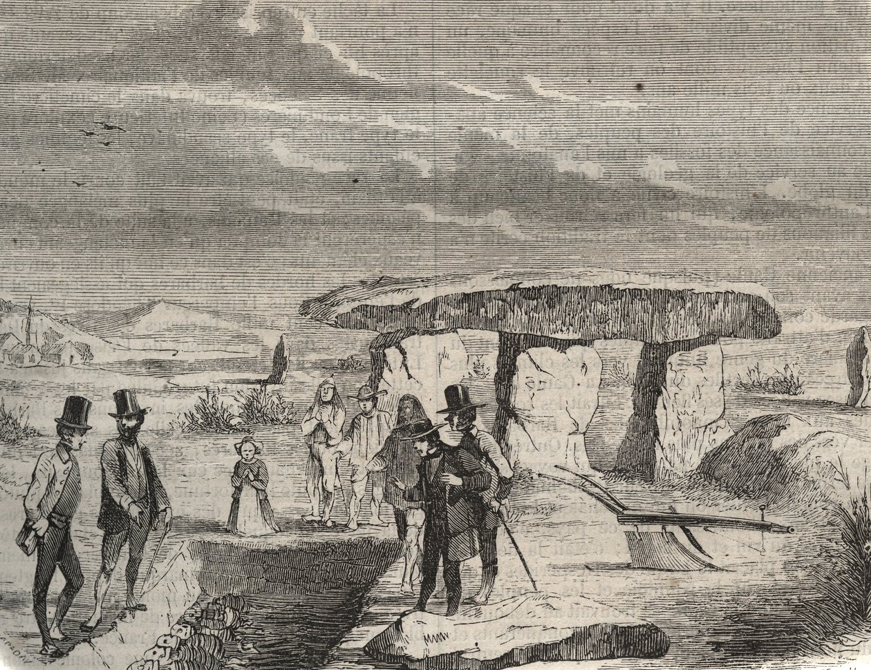 Archeologické vykopávky: objev galských hrobek poblíž Dolmen de la Pierre aux Fees (Pierre-aux-Fees) v Oise (60). Rytina z roku 1856 v „“Le Musee Des Sciences““ od Unknown artist