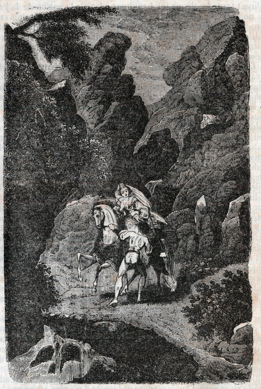 Argie napaden rozkazem svého ženicha - rytina z roku 1851 z „“Zuřivého Rolanda““ (Orlando furioso) (16. století) od Ludovica Ariosta, známého jako Ariosta – vydání přeložené z italštiny hrabětem z Tressanu a vydané Gustavem Harvarem od Unknown artist