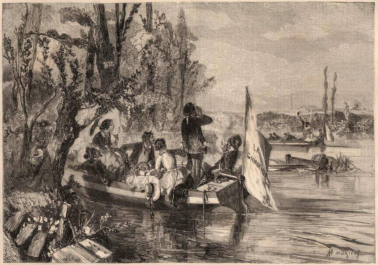 Kolem Paříže v roce 1857. Kanoisté v Asnieres. Rytina v „Le Monde illustrious““ z roku 1857. Soukromá sbírka. od Unknown artist