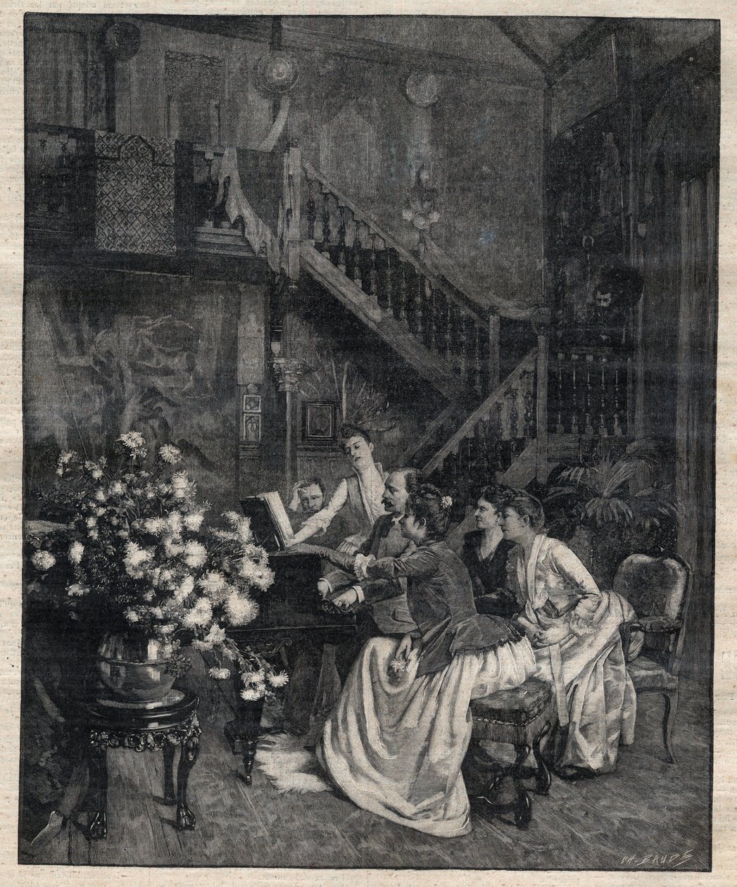 Kolem partitury - Jules Massenet (1842-1912), francouzský skladatel, hrající s přáteli „Le portrait de Manon“ – Rytina v „Le Progres illustrious“ z roku 1895 od Unknown artist