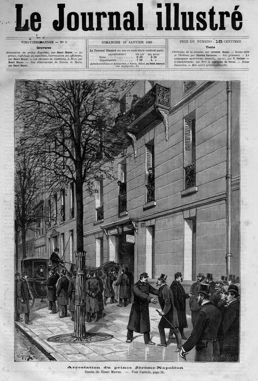 V roce 1883 zatčen Jerome Bonaparte dit Plon-Plon (Plonplon) (1822-1891) (Napoleon-Jerome Bonaparte nebo princ Jerome Napoleon), syn Jerome Bonaparte (1784-1860) - obálka „The Illustrous Journal“ z roku 1883 od Unknown artist