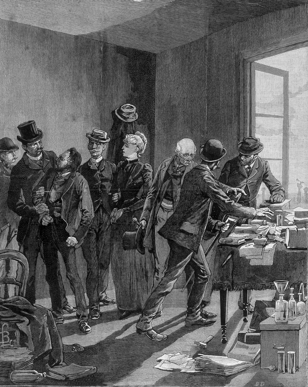 Zatčení nihilistů Reinchteina a jeho manželky v Paříži. Rytina ke konci 19. století (1890?). od Unknown artist