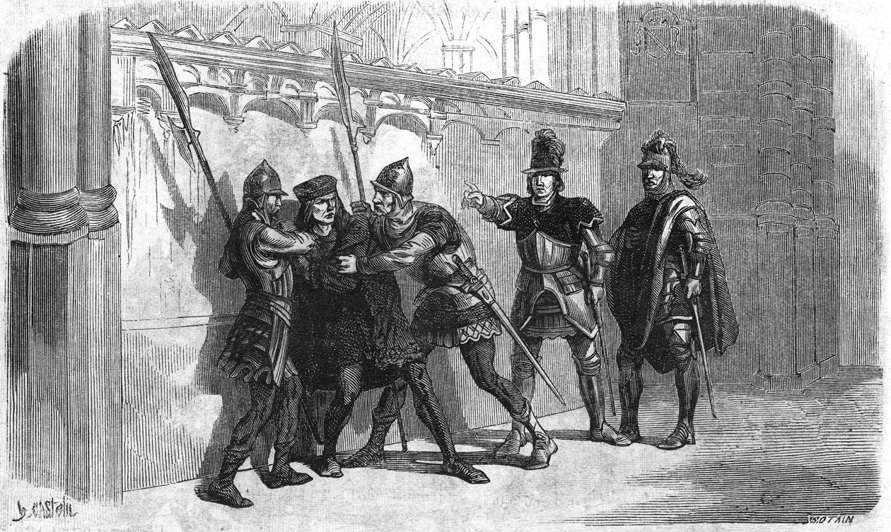Zatčení basarda z Rubempre za vlády Ludvíka XI. Rytina 19. století. od Unknown artist