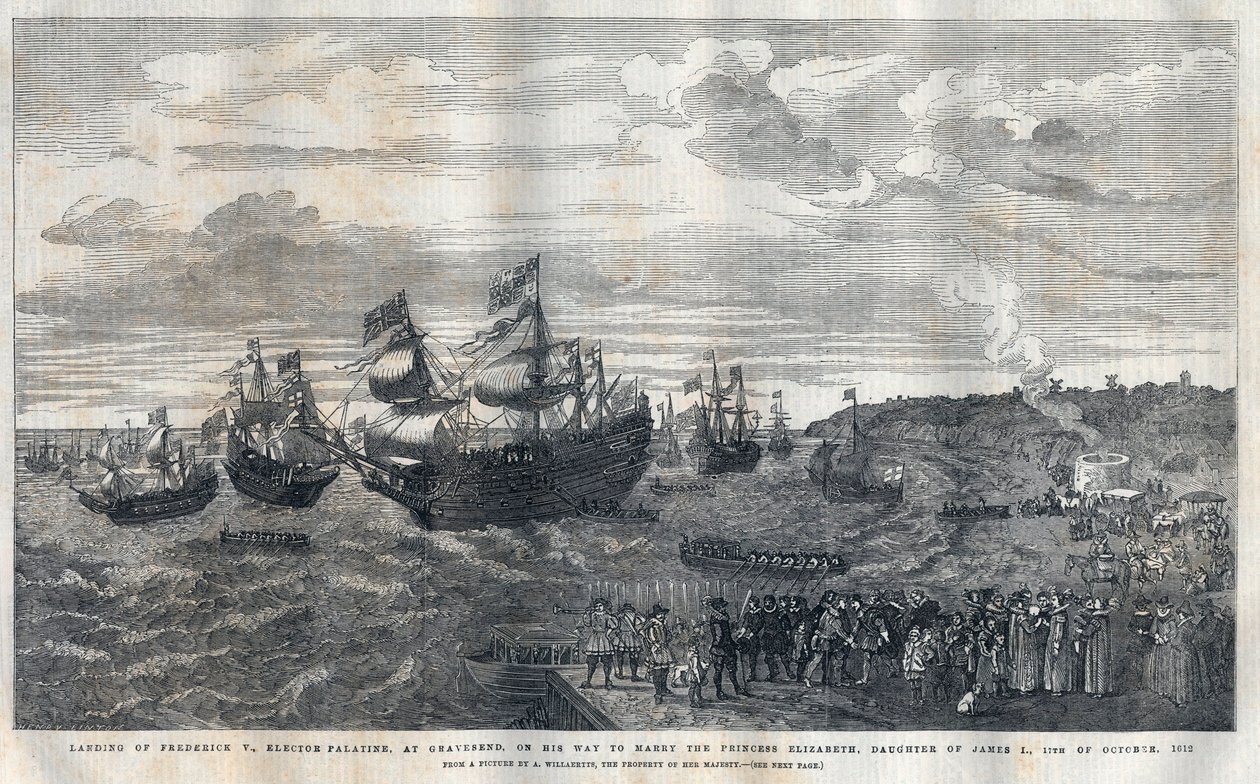 Příjezd Frederique V. z Falce (1596-1632) do přístavu Gravesend, aby se 16. října 1612 oženil s princeznou Elisabeth Anglickou (1596-1662), dcerou krále Jakuba I. (1566-1625). Uvítal ho James Hay (1. hrabě z Carlisle) (asi 1580-16 od Unknown artist