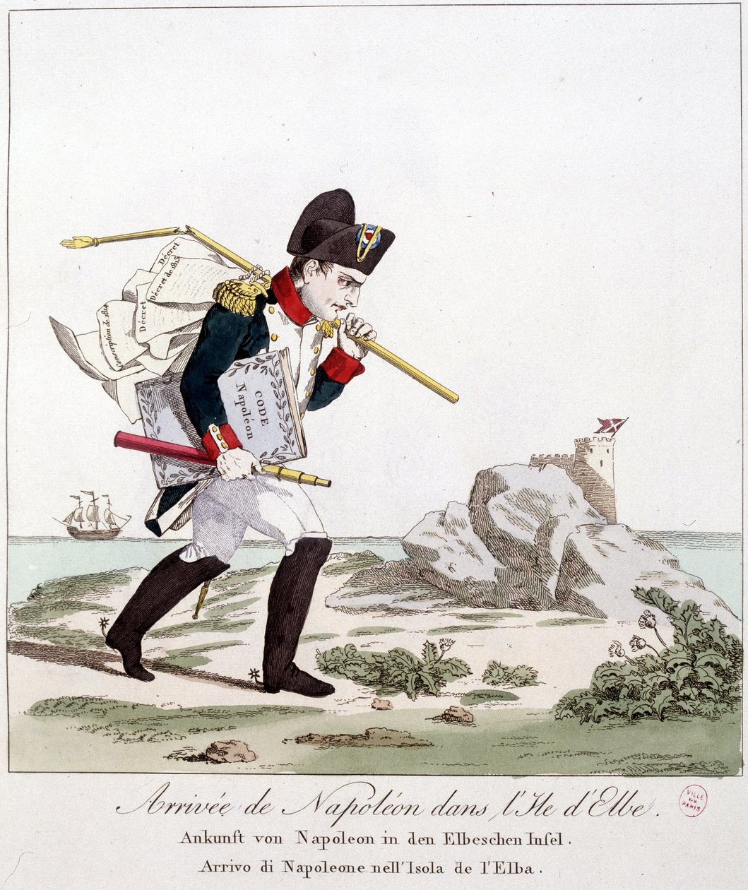 Příjezd Napoleona na ostrov Elba (nesoucí pod paží Code Napoleon) - v „“ Napoleon 1., karikatury, sbírka figurín“, c. 1814 od Unknown artist