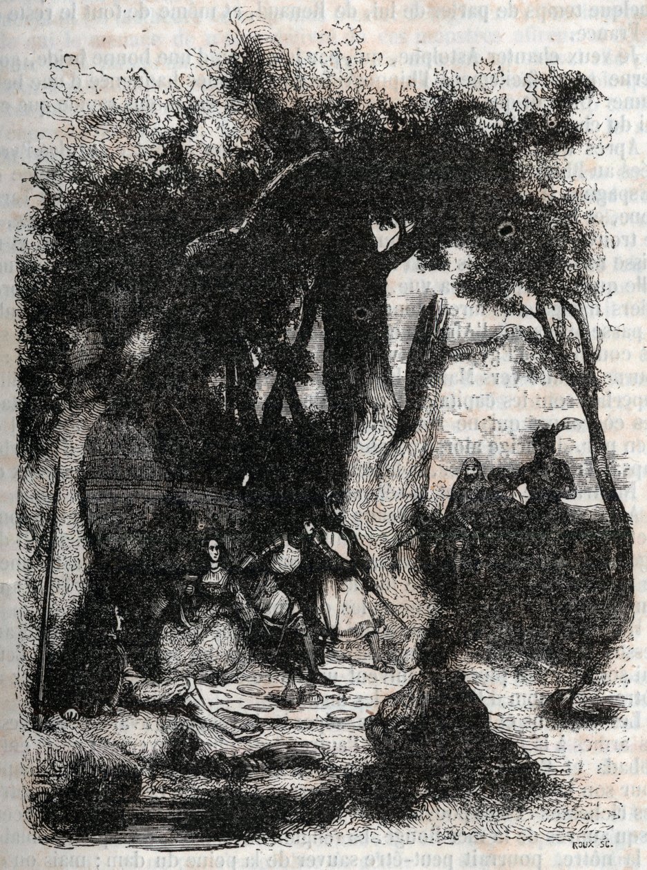 Příjezd Rodomonta a Mandricarda k Merlinově fontáně – rytina z roku 1851 z „“Roland furieux““ (Orlando furioso) (16. století) od Ludovica Ariosta, známého jako Ariosta – vydání přeložené z italštiny hrabětem z Tressanu a vydané nakladatelstvím od Unknown artist