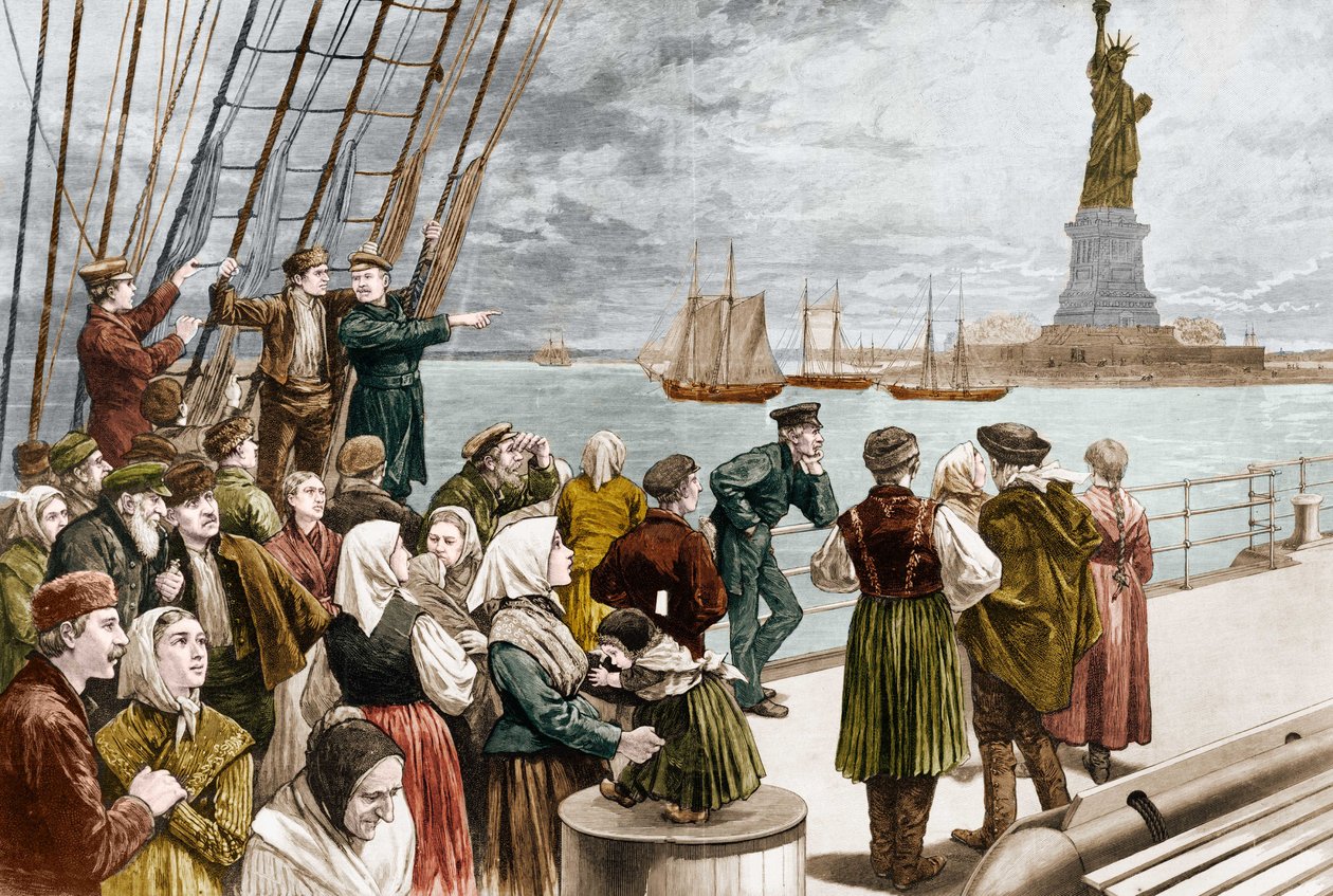 Příchod imigrantů do New Yorku v roce 1887 (v pozadí socha Svobody). ©Leemage od Unknown artist