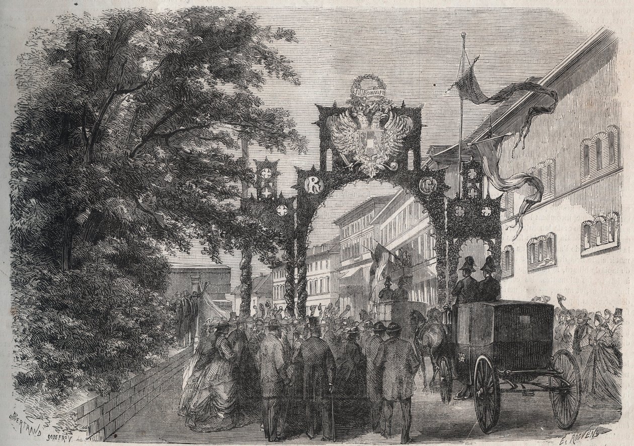 Příjezd Impress Elisabeth Rakouské (Sissi) (Alžběty Rakouské) do Bad Kissingen (Lázně) v roce 1865 - rytina v „The Illustrous World“ z roku 1865 od Unknown artist