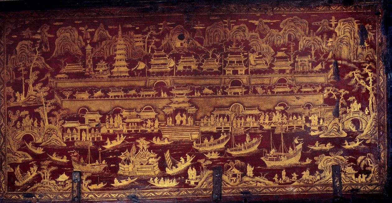 Příjezd Portugalců do Nanjingu (Nanjing nebo Namquin), Čína. Víko krabice pokryté červenou a zlatou barvou. 17. století. Porto, Národní muzeum od Unknown artist