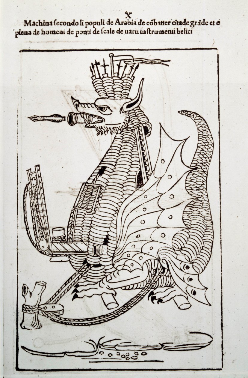 Umění války: studium vojenských strojů. „Arabica machina“, arabský stroj na obléhání města, ilustrace z „De re Militari“ od inženýra Roberta Valturia (1413-1483?) od Unknown artist