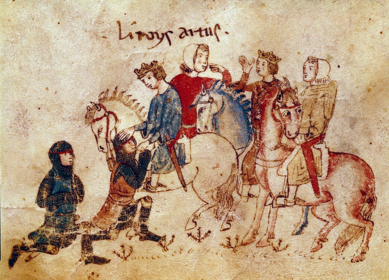 Artušovská legenda: “” Král Artuš obměkčující rytíře (Meliadus (nebo Meliodas), Esclabor a Arfasar (nebo Arphasar)”” Miniatura z “”Meliada, bratra Tristana”” Benátská knihovna ze 14. století Biblioteca Marciana od Unknown artist