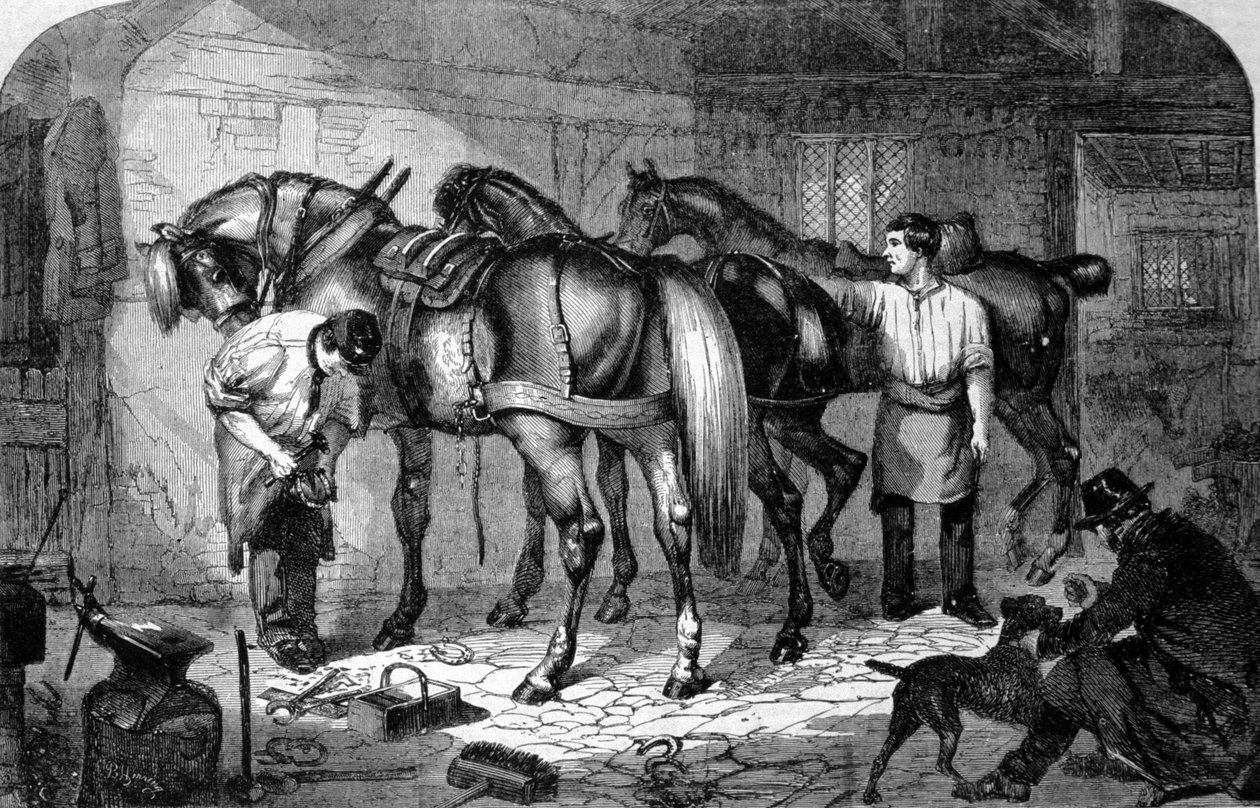 Řemeslník: Marechal Ferrants vyrobil kopyta koní. Rytina 19. století od Unknown artist