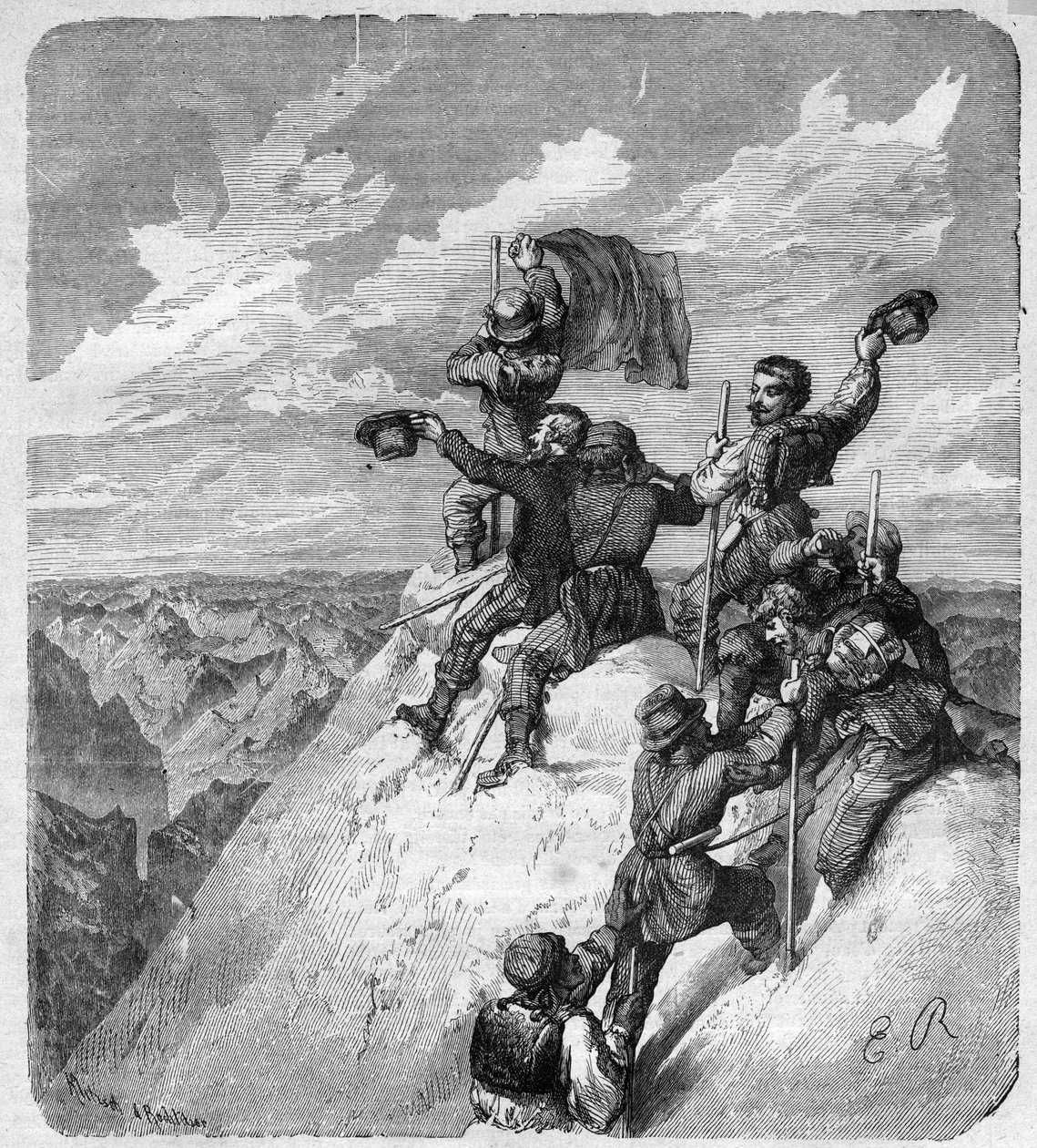 Nanebevstoupení Illimani (6.439 m) (Nevado Illimani, vrchol Paříže) Charles Wiener (1851-1913) francouzský cestovatel a diplomat a jeho společníci - rytina v „“ journal des voyages“““ 1887 od Unknown artist