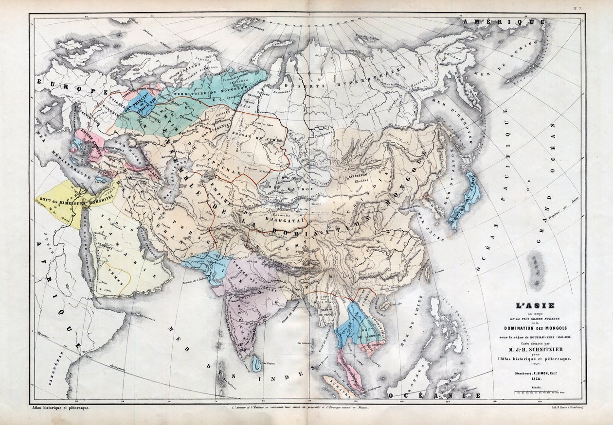 Asie v době největšího rozsahu mongolské nadvlády za vlády Qubilaje (Kubilai Khan) (1260-1294) - mapa připravená M J-H Schnitzlerem, Historický a malebný atlas 1857 od Unknown artist