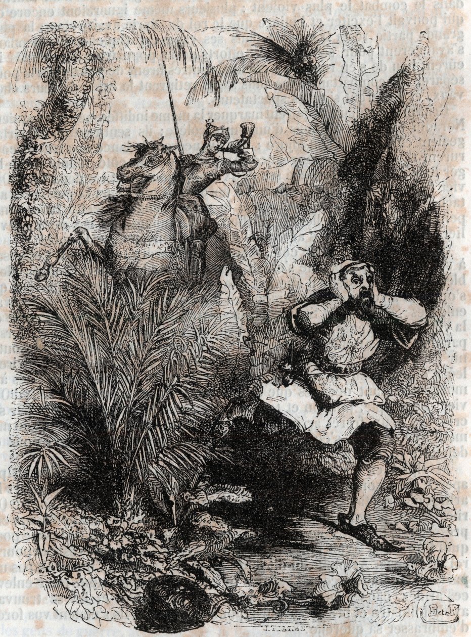 Astolphe uteče Kaligorantovi – 1851 rytina z „“Zuřivého Rolanda““ (Orlando furioso) (16. století) od Ludovica Ariosta, známého jako Ariosto – vydání přeložené z italštiny hrabětem z Tressanu a vydané Gustavem Harvardem 1851 od Unknown artist