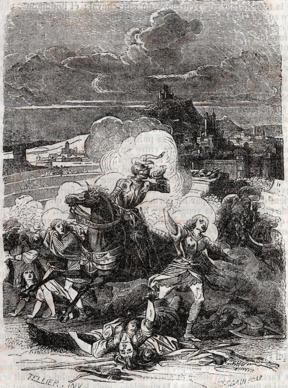 Astolphe nutí ženy z vražd utéct - 1851 rytina z „“Zuřivého Rolanda““ (Orlando furioso) (16. století) od Ludovica Ariosta, známého jako Ariosta – vydání přeložené z italštiny hrabětem z Tressanu a vydané Gustavem Harvardem 1851 od Unknown artist