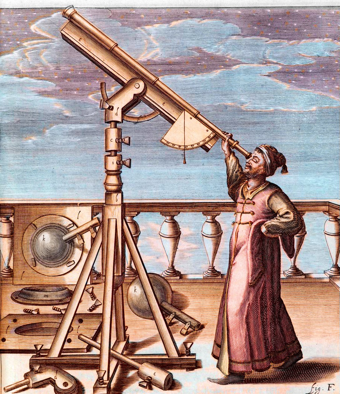 Astronom pozorující oblohu dalekohledem - od: Johannes Hevelius (1611-1687), Selenographia, sive Lunae descriptio (Selenografie, aneb Popis Měsíce) od Unknown artist