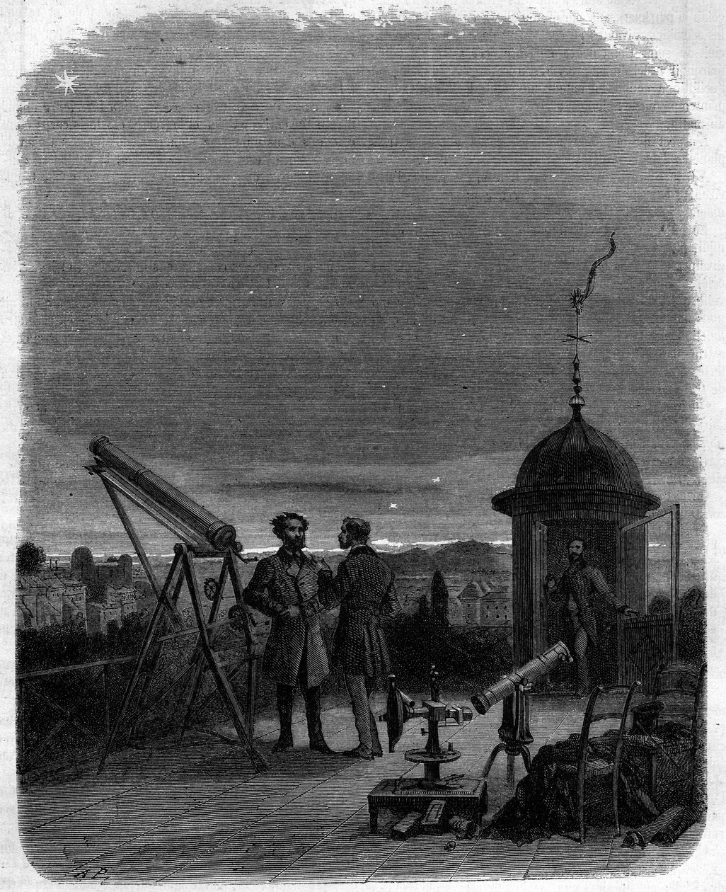 Astronomové pozorující svými astronomickými brýlemi planetu Merkur na obloze v Paříži, 17. února od Unknown artist