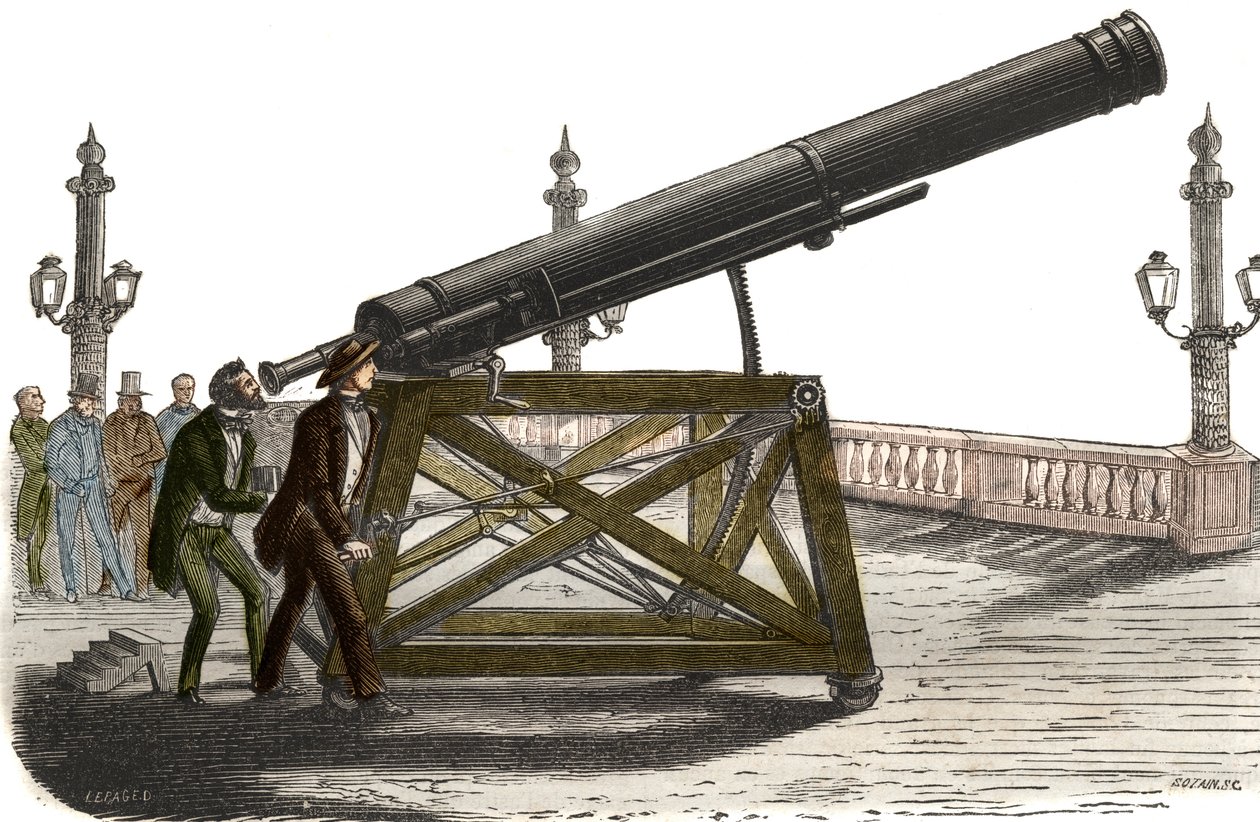 Astronomická luneta Place de la Concorde M. Queslina v Paříži. Rytina z roku 1857 v „“Le Musee Des Sciences““ od Unknown artist