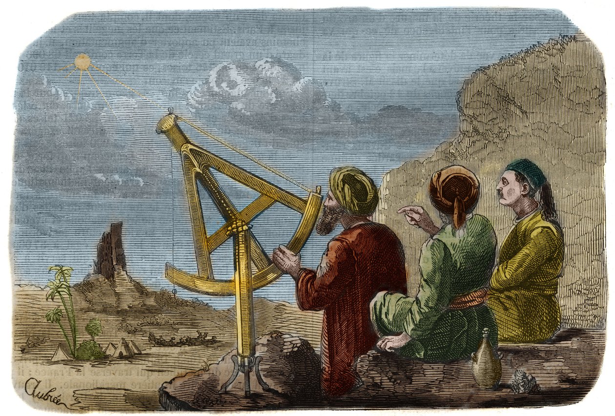 Astronomie: Arabští vědci zvyšující výšku Slunce na Babylonské pláni kolem roku 825. Používají čtvrtkruh s jehlany. Rytina z roku 1857 v „“Le Musee Des Sciences““ od Unknown artist