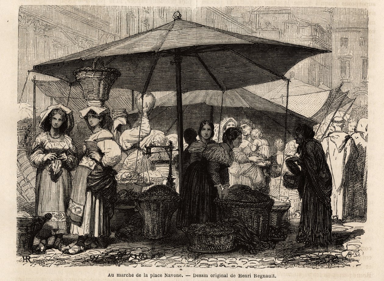 Na úpatí náměstí Piazza Navona, Řím (Itálie). Rytina pro ilustraci plavby do Říma od Francise Weye v letech 1864-1868, publikovaná v „Le tour du monde, nouveau journal des voyages“, pod vedením Edouarda Chartona od Unknown artist