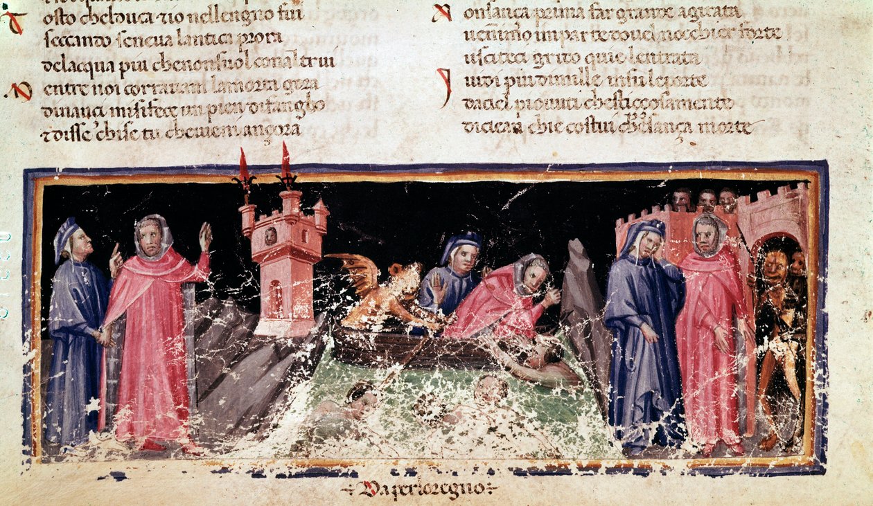 Vlevo stojí Dante a Virgil na břehu řeky Styx, ponurém břehu Acheronu. Uprostřed Charon převáží Danteho a Virgila, kteří vypadají velmi vyděšeně (píseň 3 z Pekla, v Božské komedii) - miniatura od Unknown artist