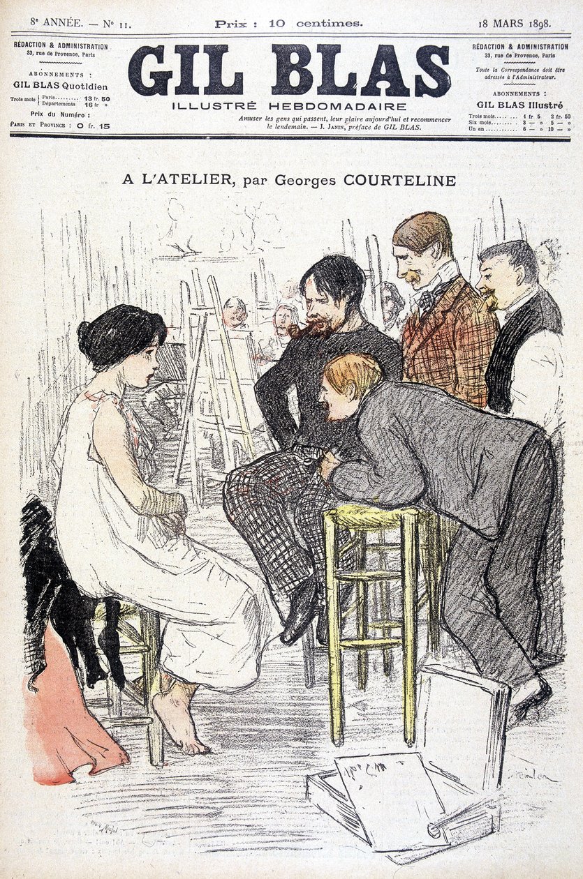 Na workshopu od Georgese Courteline. Muž sleduje ženu pózující v dílně. V ""Gil Blas"", dne 18.3.1898. od Unknown artist