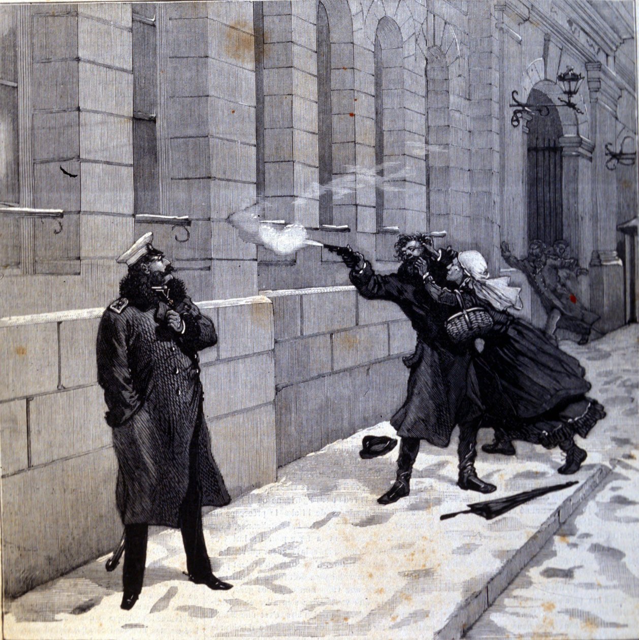 Útok namířený proti caru Alexandrovi II. (1818 - 1881) v Petrohradě v roce 1879. Rytina 19. stol. od Unknown artist