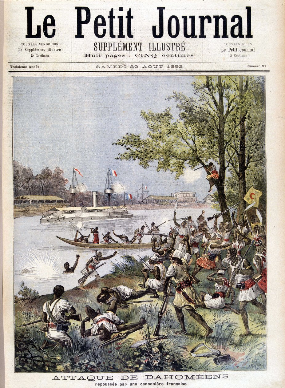 Útok Dahománců odrazený francouzským dělovým člunem - v „“Le Petité Journal““ z 20.8.1892 od Unknown artist