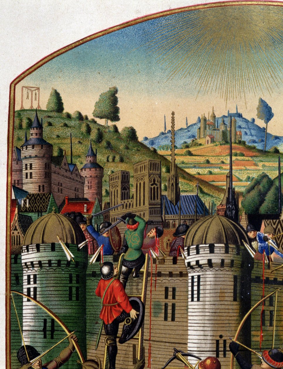Útok na hrad Philippe Auguste s výhledem na Paříž a šibenici Montfaucon během 100leté války, polovina 15. století. (detail 14103). od Unknown artist