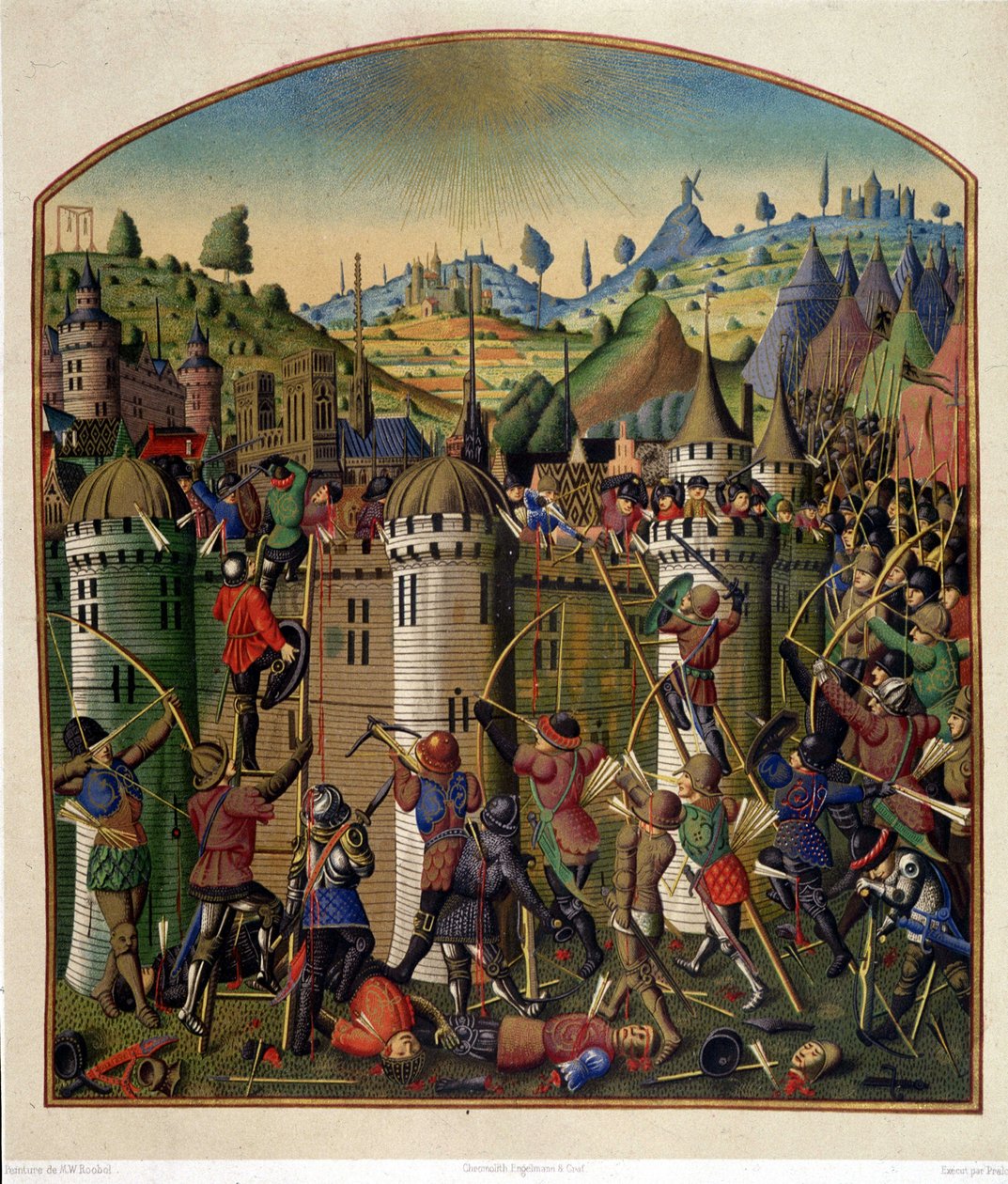 Útok na hrad Philippe Auguste s výhledem na Paříž a šibenici Montfaucon během 100leté války, polovina 15. století. od Unknown artist