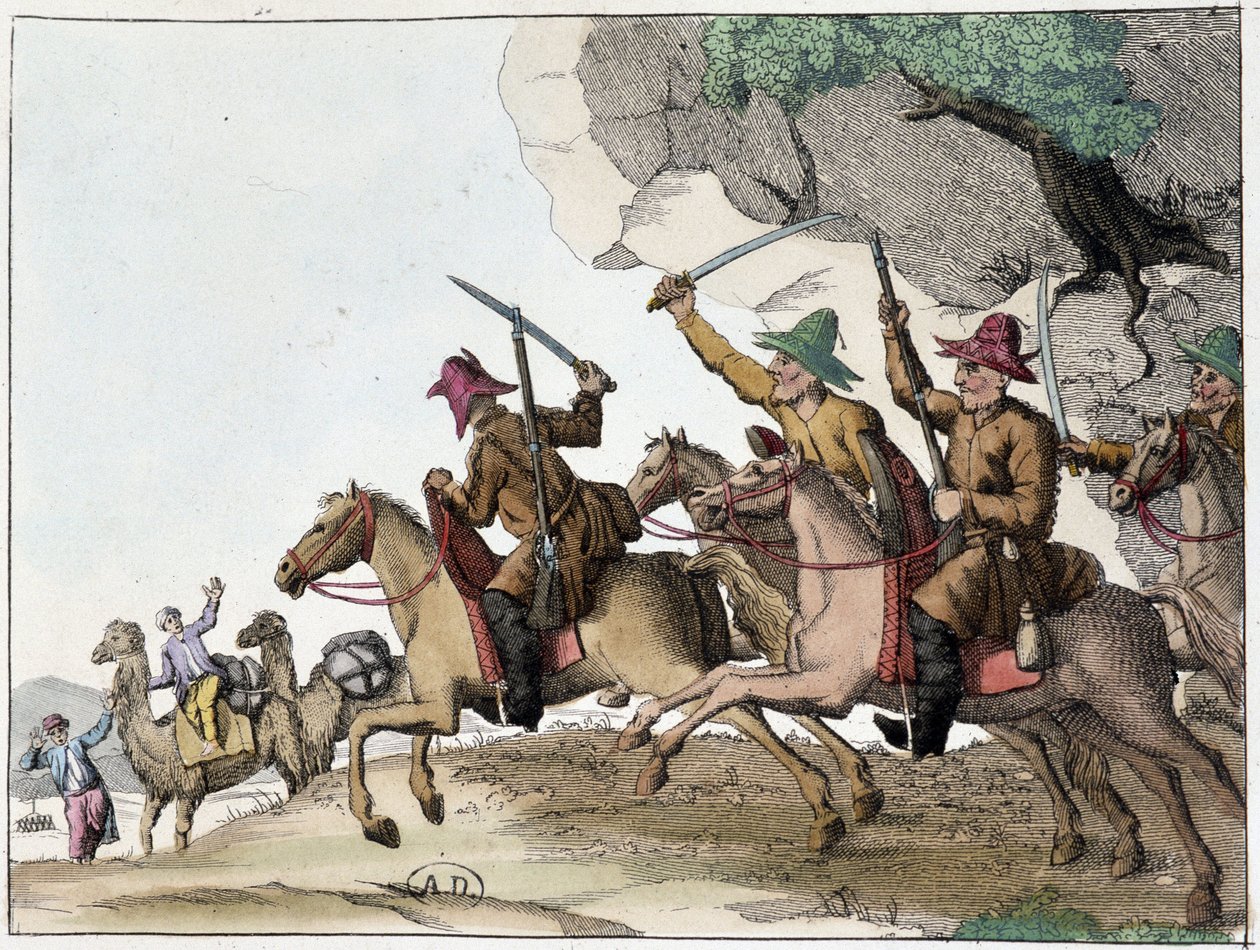 Útok velbloudí karavany skupinou Kyrgyzů (středoasijských tureckých lidí mongolského původu) na koni, Deb. 19. století od Unknown artist
