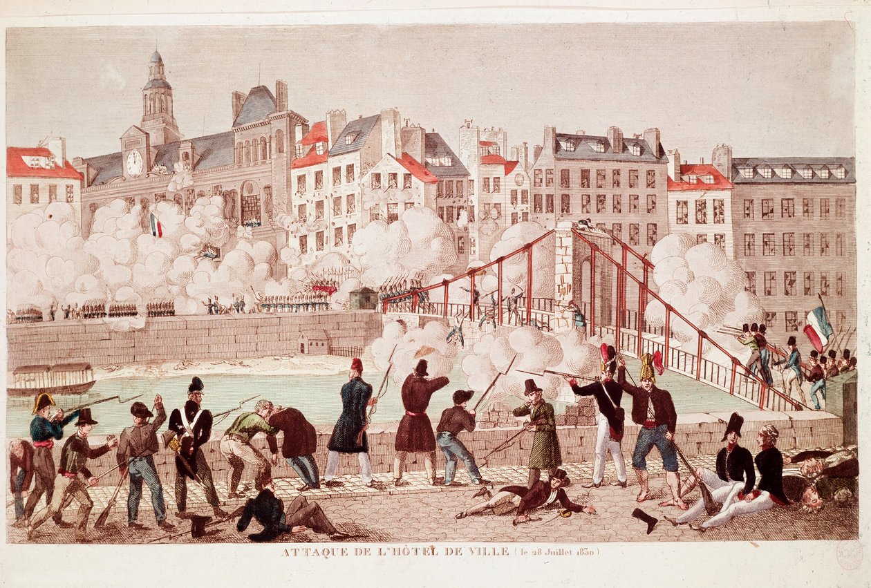 Útok na radnici v Paříži a bitva u mostu Arcola, 28. července 1830 (rytina) od Unknown artist