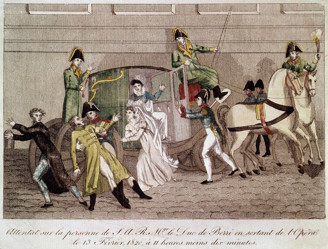 Útok na vévodu z Berry od Louise Pierra Louvela při odchodu z opery 13. února 1820. Rytina 19. století. od Unknown artist