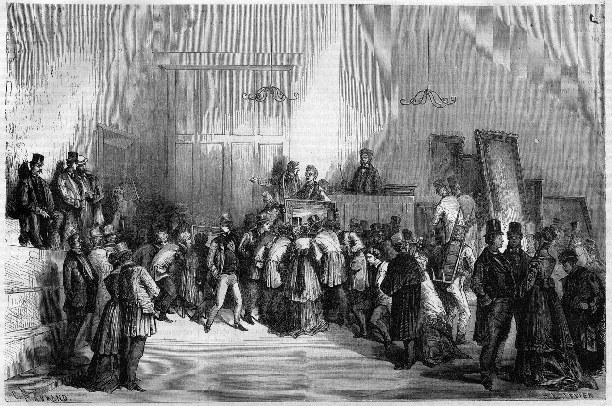 Aukční síň v Paříži: Prodej obrazů v hotelu dražitelů (dražitelů nebo dražitelů). Gravírování do „“The Illustrious Universe““ od Unknown artist