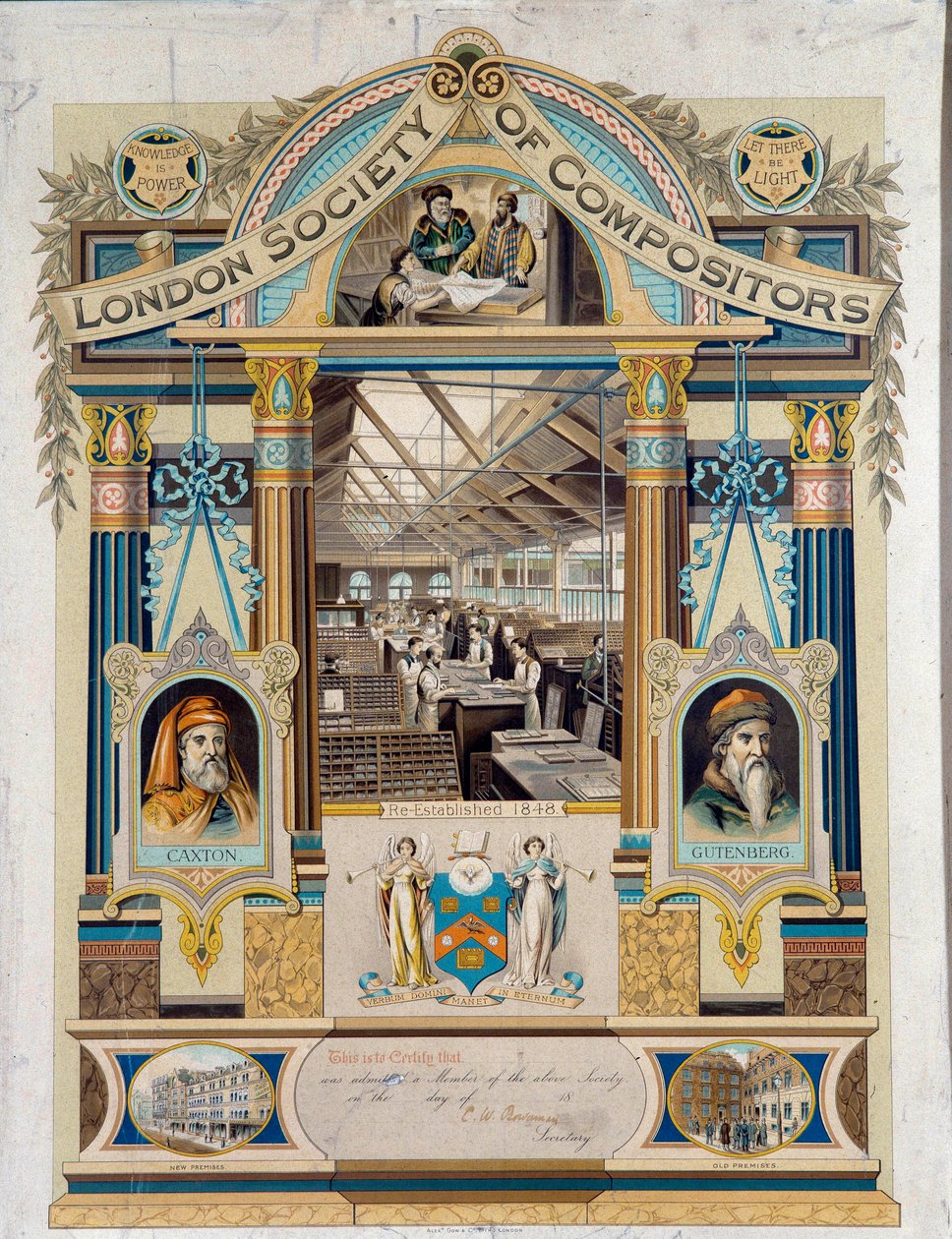 Autogramový certifikát klavistu (operátora tisku) vydaný Society of Clavists of London. Je vyzdoben portréty Johannese Gutenberga a Willimy Caxtonové. Soukromá sbírka 19. století od Unknown artist