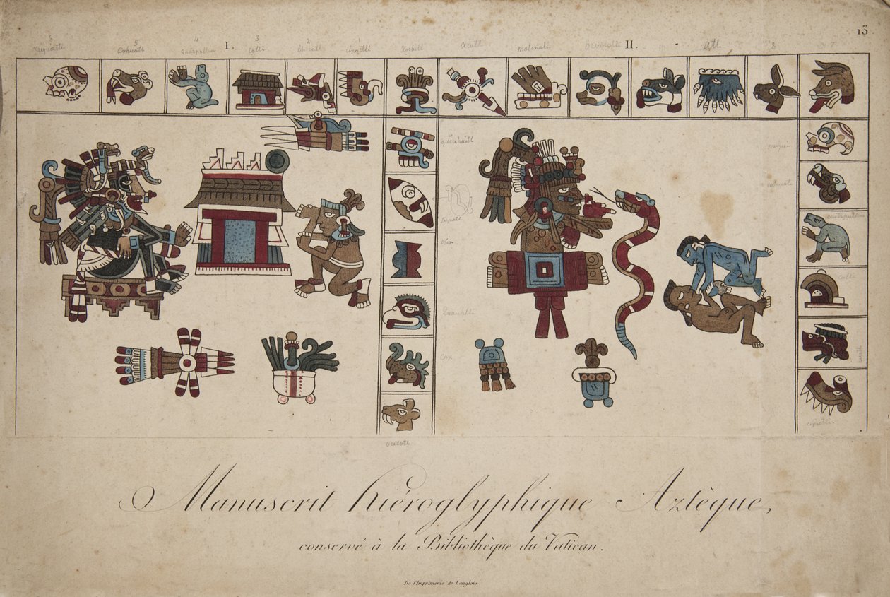 Aztécký hieroglyfický rukopis ve vatikánské knihovně (litografie) od Unknown artist