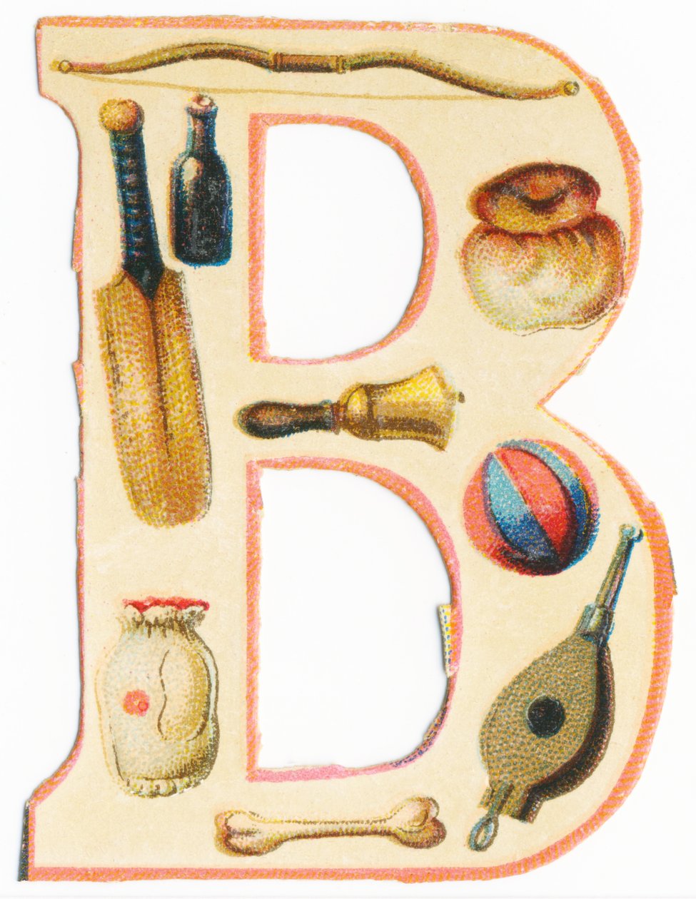 B: luk, baseballová pálka, láhev, brioška, zvonek, balónek, kost, taška, měch (barva litho) od Unknown artist