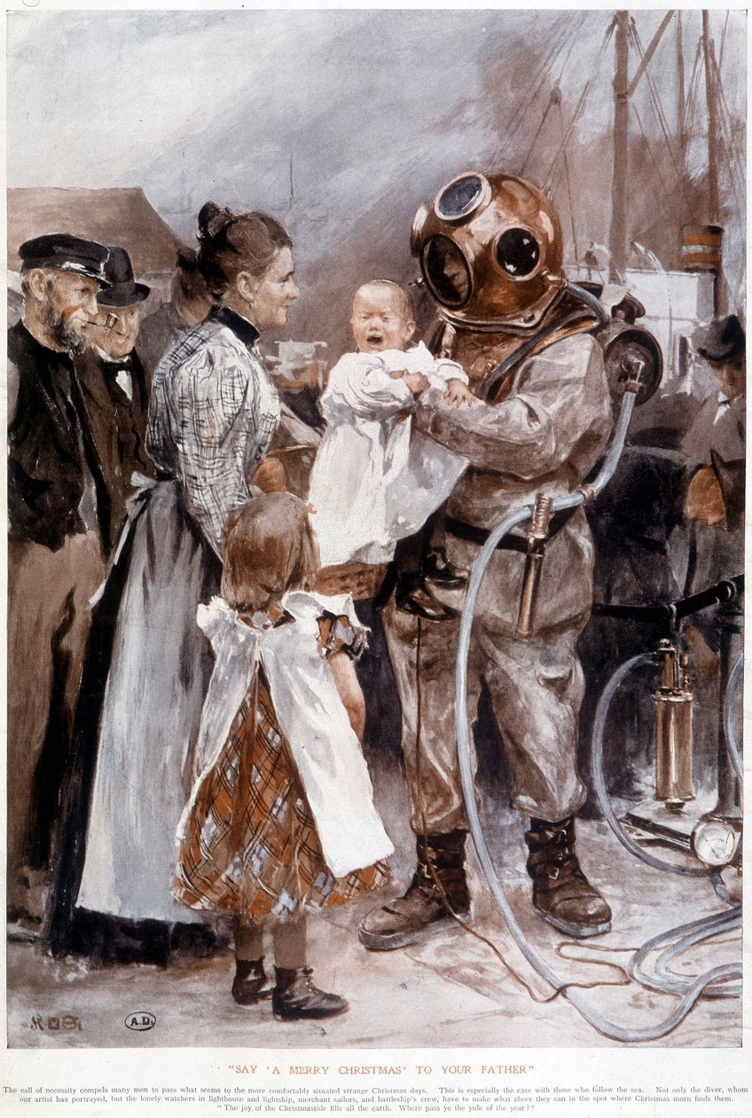 Dítě pláče v náručí skafandru svého otce. od Unknown artist