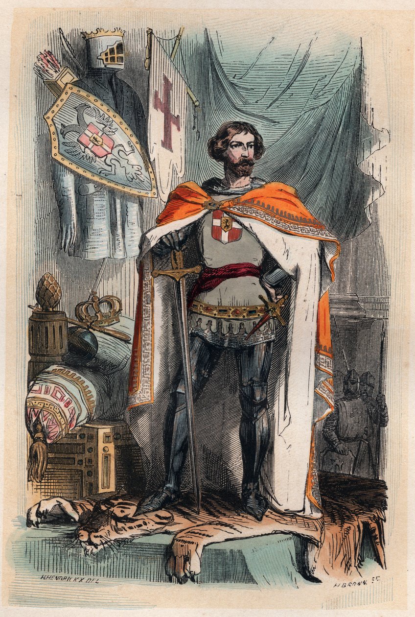 Baldwin I. Konstantinopolský - Portrét Baudouina I., latinského císaře Orientu (1171-1206), se stal císařem Konstantinopole účastí na čtvrté křížové výpravě. Také známý jako Baudouin IX z Flander (nebo Baudouin VI z Hainaut). Rytina z roku 1868 i od Unknown artist