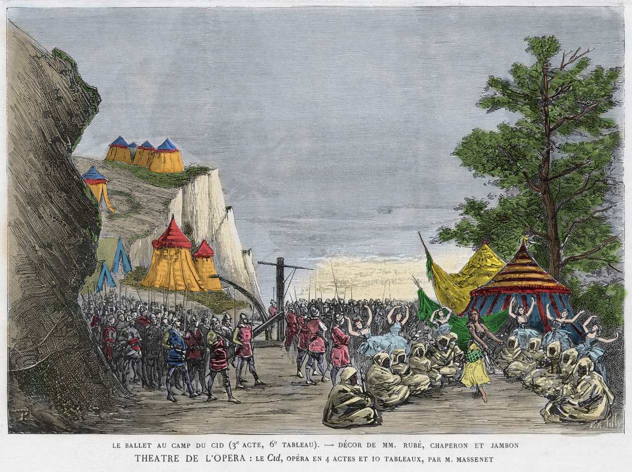 Baletní scéna ve vojenském táboře Cid Ilustrace opery „“Le Cid““ od Julese Masseneta po skladbě Pierra Corneille a básni Guillena de Castra. Rytina 19. století od Unknown artist