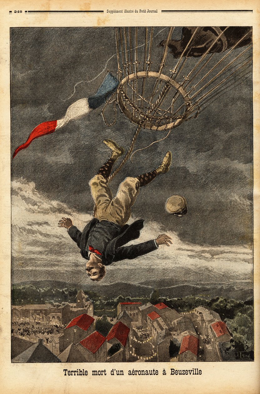 Nehoda balónu v Beuzeville, po ztrátě plynu, aeronaut ztratil kontrolu a spadl z balónu, do kterého se nalodil bez gondoly. Rytina v „“ Le petit journal““ 30/7/1899. Kolekce Selva. od Unknown artist