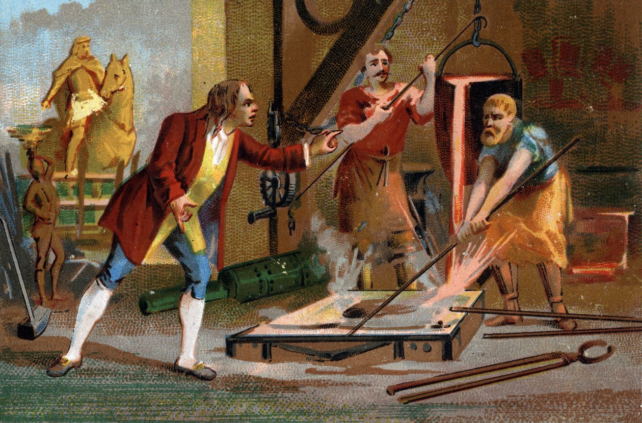 Balthazar Keller (1638-1702), zlatý otec a zakladatel, na dně jednoproudové první jezdecké sochy v roce 1699. Pozdní chromolitografie 19. stol. od Unknown artist