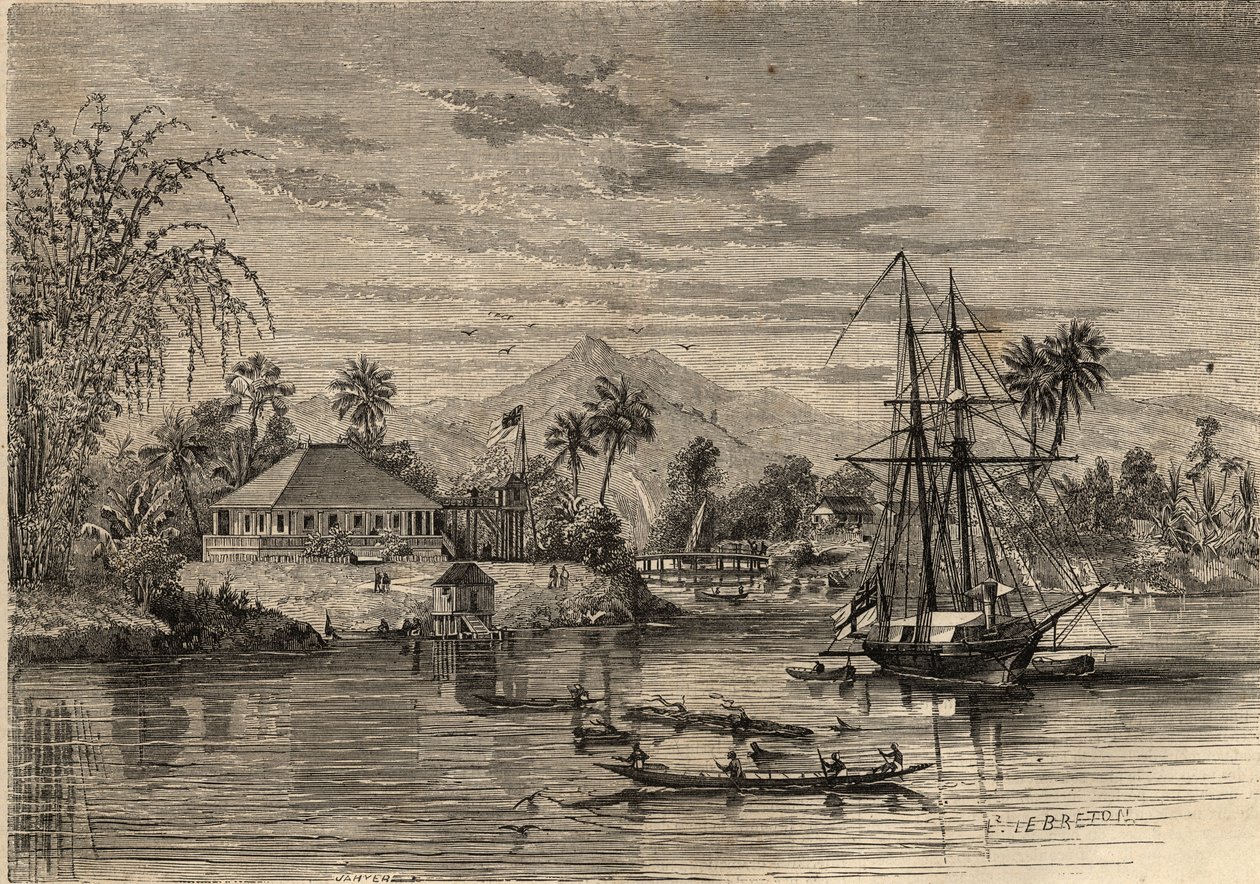 Bangalow, domov sira Jamese Brooka, známého jako Rajah of Sarawak (1803-1868) Britský dobrodruh, první bílý Rajah of Sarawak v okolí Sarawaku (Borneo). Rytina v „Le Monde illustrious““ z roku 1857. Soukromá sbírka. od Unknown artist