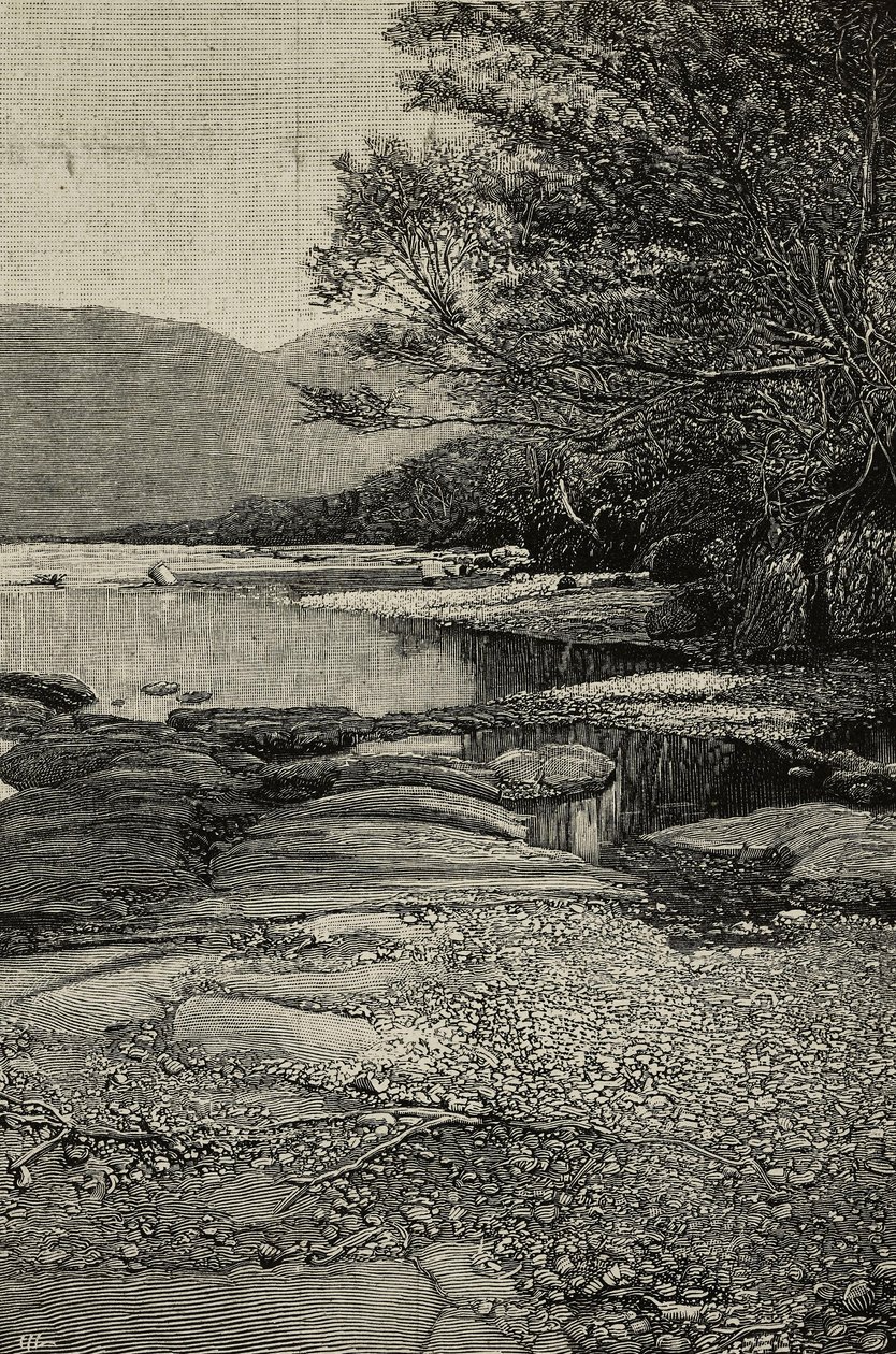 Břehy řeky Gudda, Afrika, rytina z fotografie V. Bottega z L
