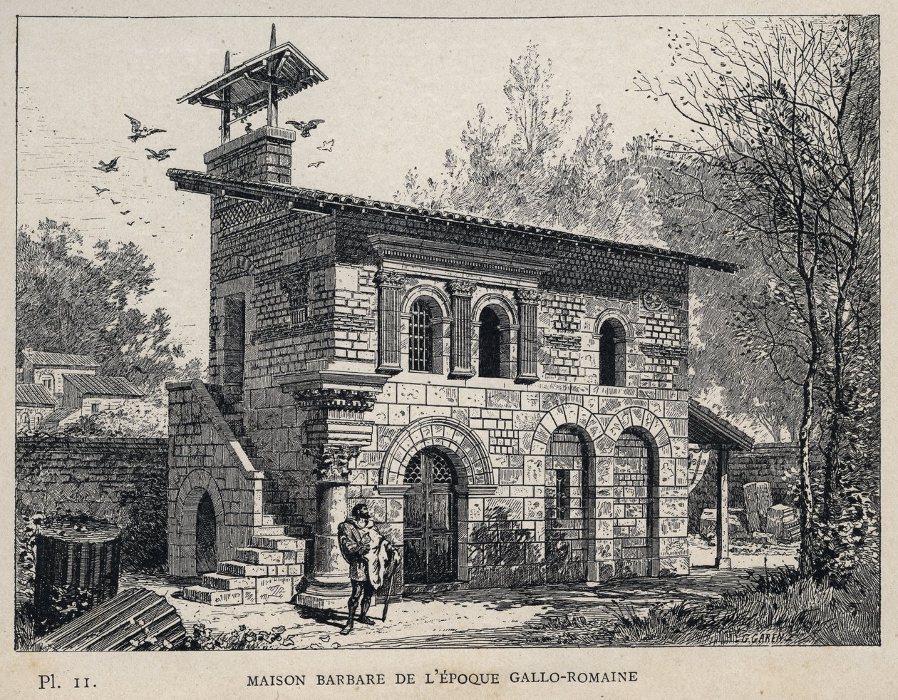 Barbarský dům z římského období Gallo (Gallo-římský) - (Barbarský dům Gallo římská éra) rytina z roku 1889 v „Historie lidského obydlí na Světové výstavě v roce 1889, pan Charles GARNIER - Librairie centrale des beaux-arts Paris 1889 od Unknown artist