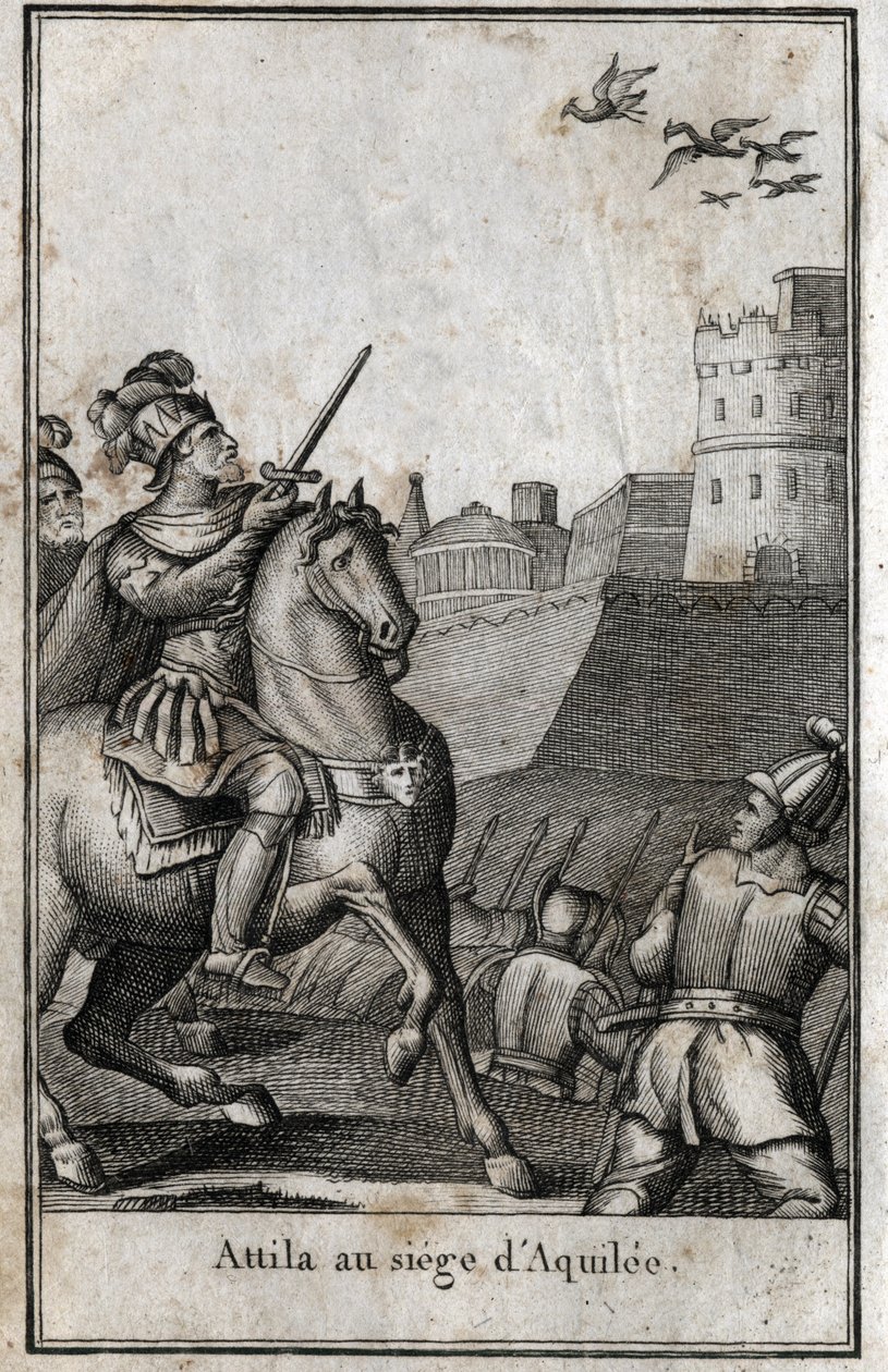 Invaze barbarů - Attila (asi 406-453), král Hunů, během obléhání Aquilee (Aquileia) v Itálii, 452. Rytina v „Beaute de l
