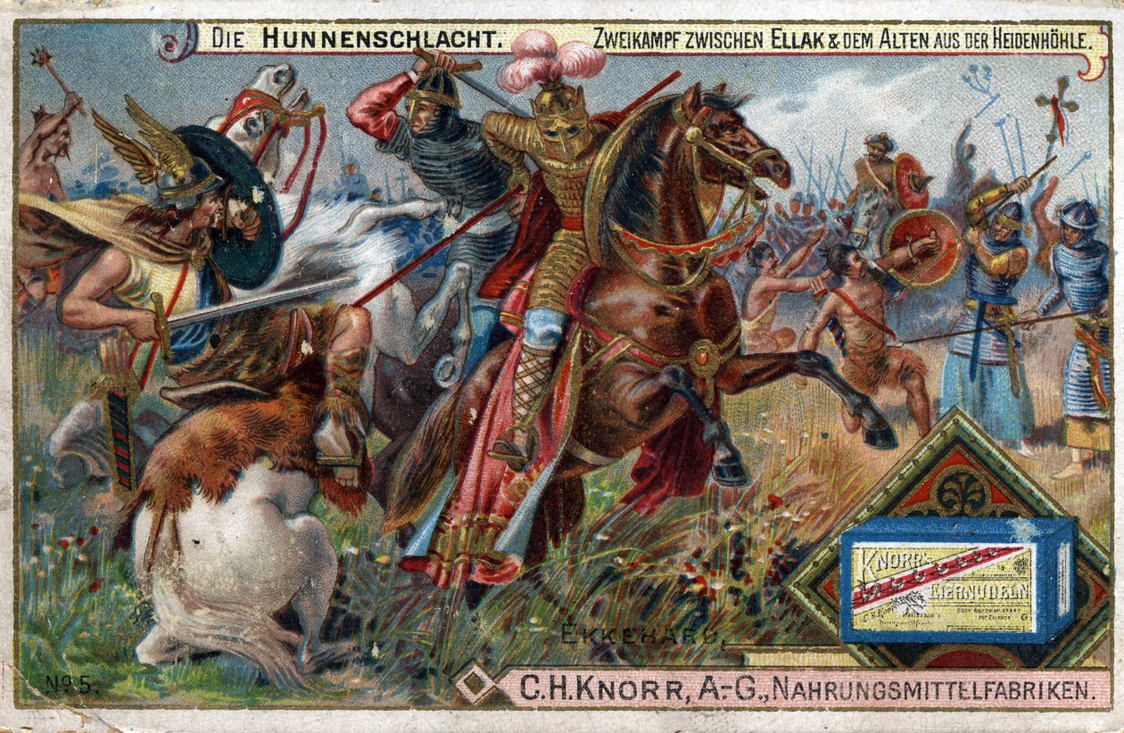 Invaze barbarů - Historie Ekkeharda IV ze St. Gallen nebo Eckhard, Eckhart (980 -1057) erudovaný a latinský básník. Bitva u Hunů. Jedinečná bitva mezi Ellakem a starším z Heidenhohle. od Unknown artist